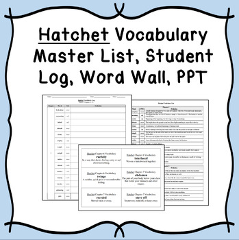 Preview of Hatchet Vocabulary - Master List, Student Log, Word Wall, and PPT Slides