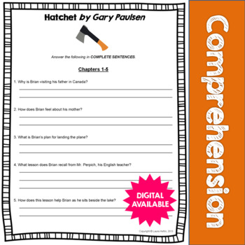 Hatchet by Gary Paulsen Comprehension Questions- Common Core- 4th, 5th, 6th