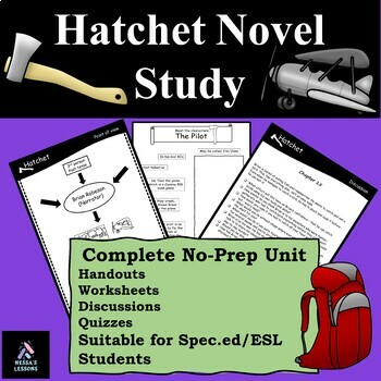 Preview of Hatchet novel study adapted resources Spec.ed/ESL quizzes worksheets handouts   
