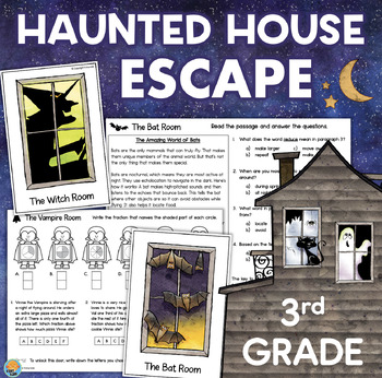 Preview of Haunted House ESCAPE ROOM Halloween Math & Reading Activities Third Grade 3