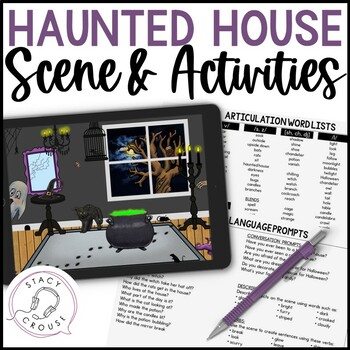 Preview of Halloween Speech Therapy Haunted House Scene and Activities Mixed Groups