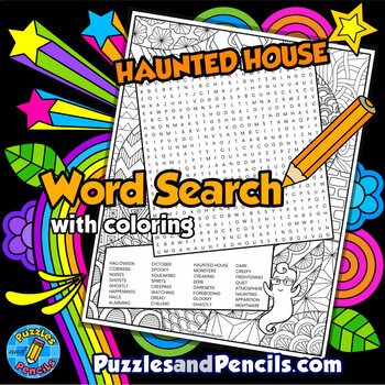 Preview of Haunted House Word Search Puzzle Activity with Coloring | Halloween Puzzle