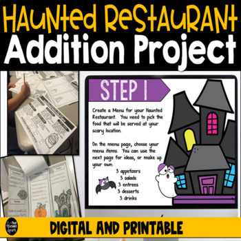 Preview of Halloween Math Haunted Restaurant Addition Project Digital and Printable