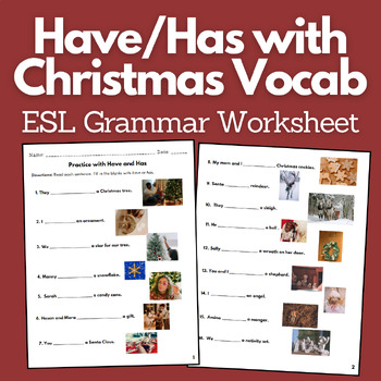 Preview of Have - Has Grammar Worksheet with Christmas Vocabulary for ESL / EFL Students
