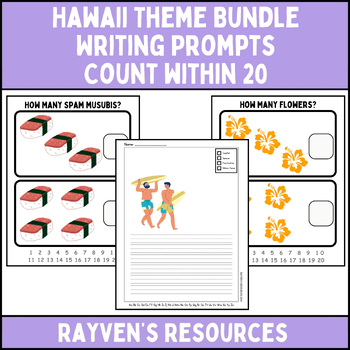 Preview of Hawaii Bundle: Writing Prompts, Count to 20 Yellow Hibiscus Flower, Spam Musubis