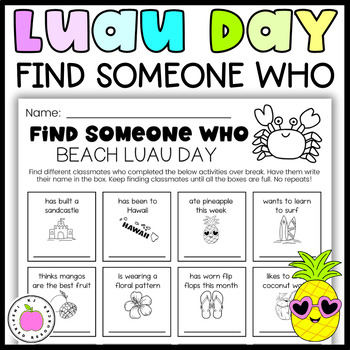 Preview of Hawaiian Beach Luau Day Activity | Find Someone Who