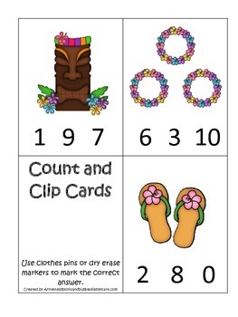 Preview of Hawaiian Lu'au themed Count and Clip math numbers cards.  Preschool math.