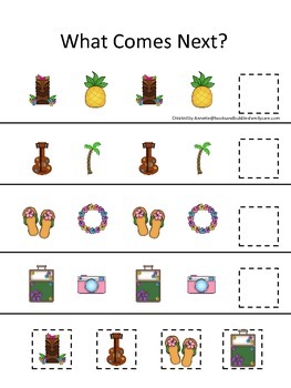 Preview of Hawaiian Lu'au themed What Comes Next math game.  Preschool basic math activity.