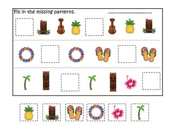 Preview of Hawaiian Lu'au themed preschool educational game.  Fill in the Missing Pattern.