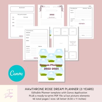 Preview of 3 Years Hawthrone Rose Dream Planner:  Goal Planner Canva Template & PDF