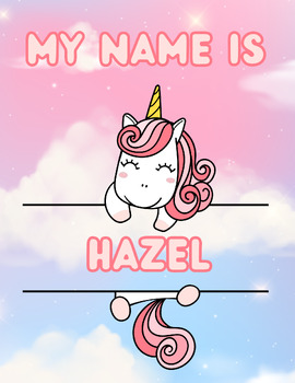 Preview of Hazel Personalized Unicorn Name Tracing Handwriting Practice Worksheets