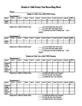 Preview of Heads-or-Tails Penny Toss Recording Sheet - Probability Experiment