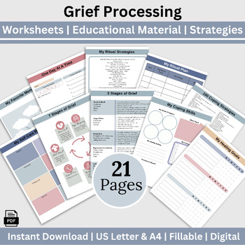 Preview of Healing Journal Coping with Grief Therapy Worksheets, Mood Tracker, Self Care