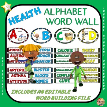 Preview of Health Alphabet Word Wall- Complete Display and Editable Word Building File