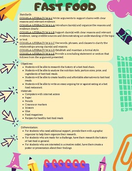 Preview of Health Class- Fast Food Research and Nutrition Project