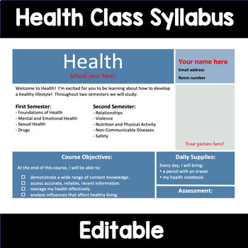 Preview of Health Class Syllabus: Editable