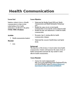 Preview of Health Communication Lesson Plan (High School Curriculum)