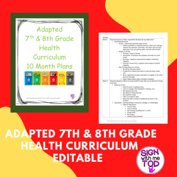 Preview of Health Curriculum 10 Month Plans - 7th & 8th Plans - Adapted & Editable