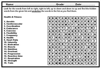 Preview of Health, Fitness, Word Search Worksheet, Physical Education Vocabulary Sub Plan