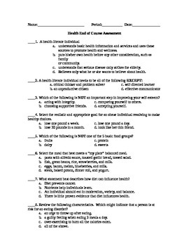 Preview of Health Pre-test OR FINAL EXAM w/ Answer Key!