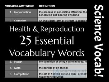 Preview of Health & Reproduction Unit Science Vocabulary (25 words) (CCSS & NGSS)