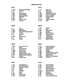 Preview of Health Science 1 Medical Abbreviation Study List