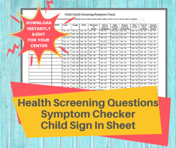 Preview of Health Screening Questions / Daycare Symptom Check Printable Sign In Sheet