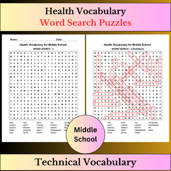 Preview of Health Vocabulary Terms | Word Search Puzzles Activities | Middle school