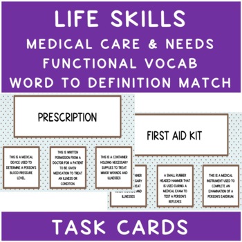 Preview of Health & Wellness Functional Vocab Medical Word to Definition Match Task Cards