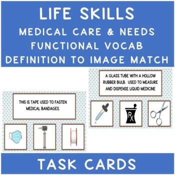 Preview of Health & Wellness Functional Vocab Medical Definition To Image Match Task Cards
