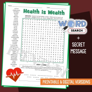 Preview of Health Word Search Puzzle Eating Healthy, Habits, Vocabulary Activity Worksheet