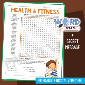 Preview of Exercise, Health and Fitness Word Search Puzzle Vocabulary Activity Worksheet