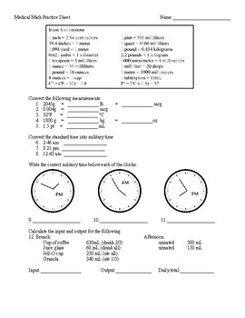 Preview of Healthcare Medical Math Practice Sheet