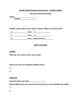 Preview of Healthy Body Systems Assessment - Physical Education