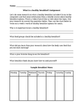 Preview of Healthy Breakfast Life Skills Assignment Handout