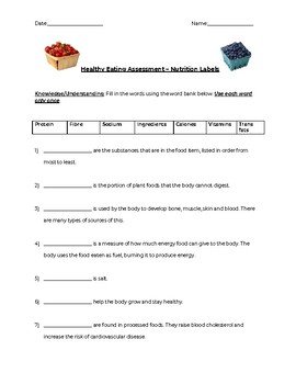 Preview of Healthy Eating Quiz/Test with rubric - Nutrition Labels