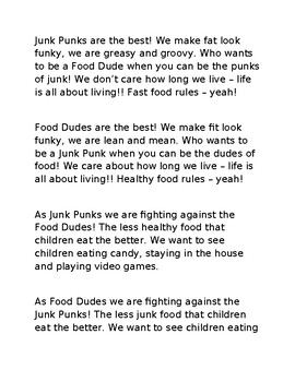 Preview of Healthy Eating (Drama short script): Food Dudes & Junk Punks