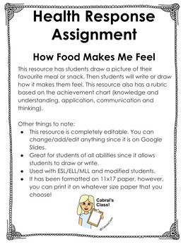Preview of Healthy Eating -How Food Makes Me Feel Assignment and Rubric