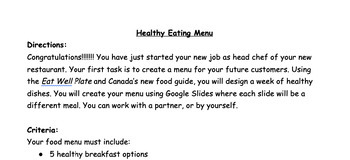 Preview of Healthy Eating Menu Project