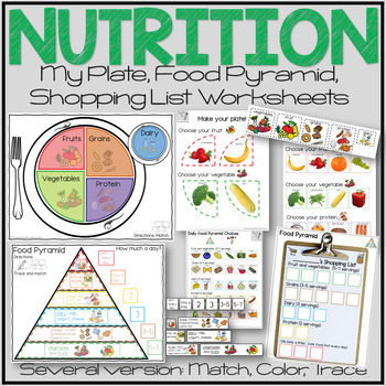 Preview of Healthy Eating, My Plate, Food Pyramid, Grocery List New Year's Worksheets SPED