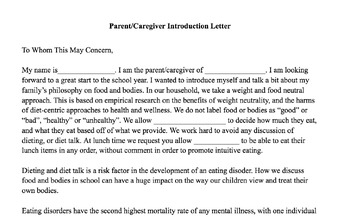 Preview of Healthy Eating: School/Activity Letters (Eating Disorders)