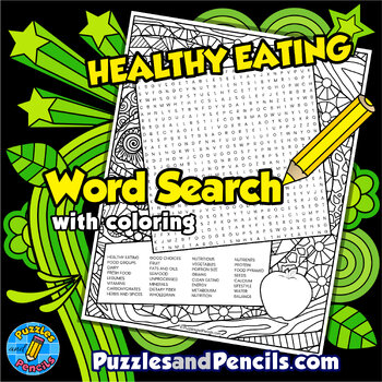 Preview of Healthy Eating Word Search Puzzle Activity Page with Mindfulness Coloring