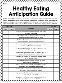 grade 5 unit 1 healthy eating activity packet by
