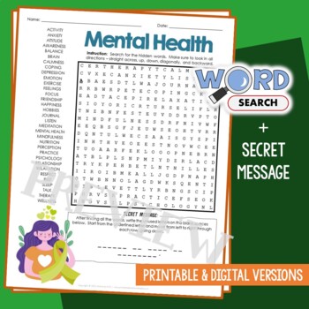Preview of Social, Emotional Mental Health Word Search Puzzle Vocabulary Activity Worksheet