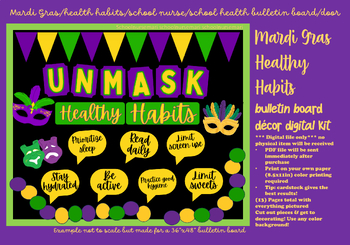Preview of Healthy Habits/Mardi Gras/February bulletin board/door decor kit for health pdf