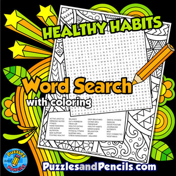 Preview of Healthy Habits Word Search Puzzle Activity Page with Mindfulness Coloring