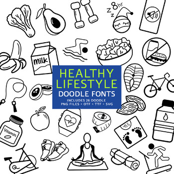 Preview of Healthy Lifestyle Doodle Fonts, Instant File otf, ttf Font Download