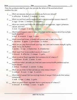 healthy lifestyle nutrition multiple choice worksheet tpt