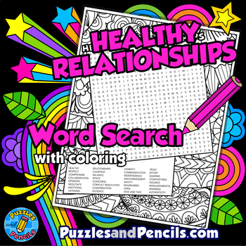 Preview of Healthy Relationships Word Search Puzzle Activity Page with Coloring | Wellbeing