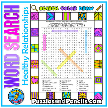 Preview of Healthy Relationships Word Search Puzzle with Coloring | Search, Color, Doodle